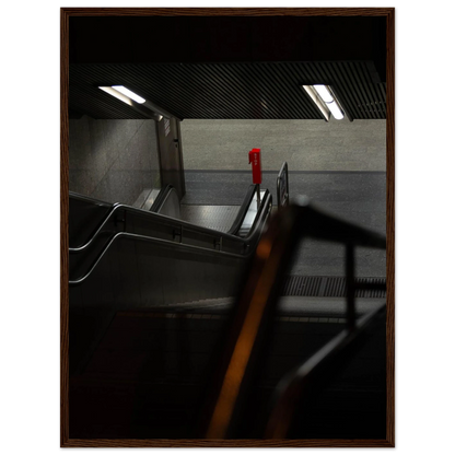 Nighttime view of a metro station entrance with illuminated signs and dark urban surroundings on wooden framed wall art