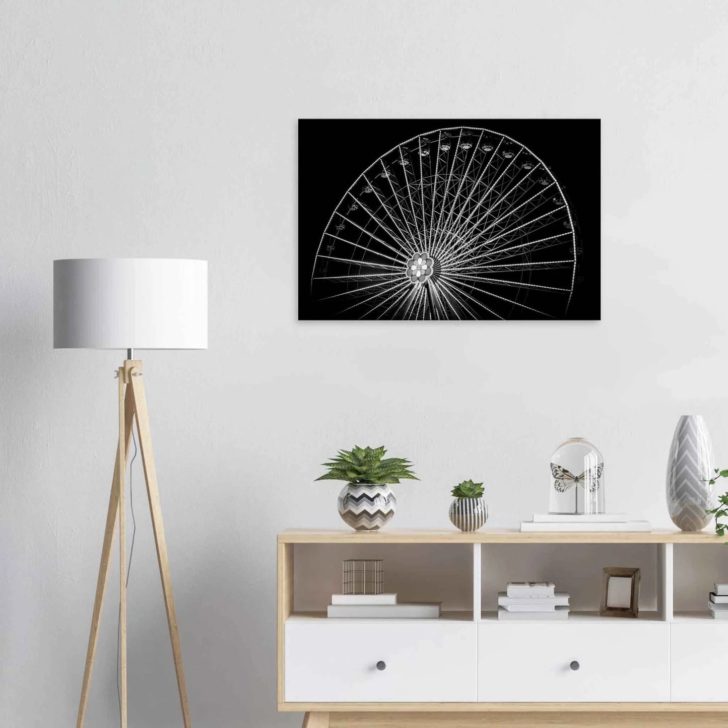 Black and white night photo of the Vienna Prater Giant Ferris Wheel (Wiener Riesenrad) with illuminated spokes forming a circular pattern against the dark sky on Canvas Print wall art on the wall in the Livingroom