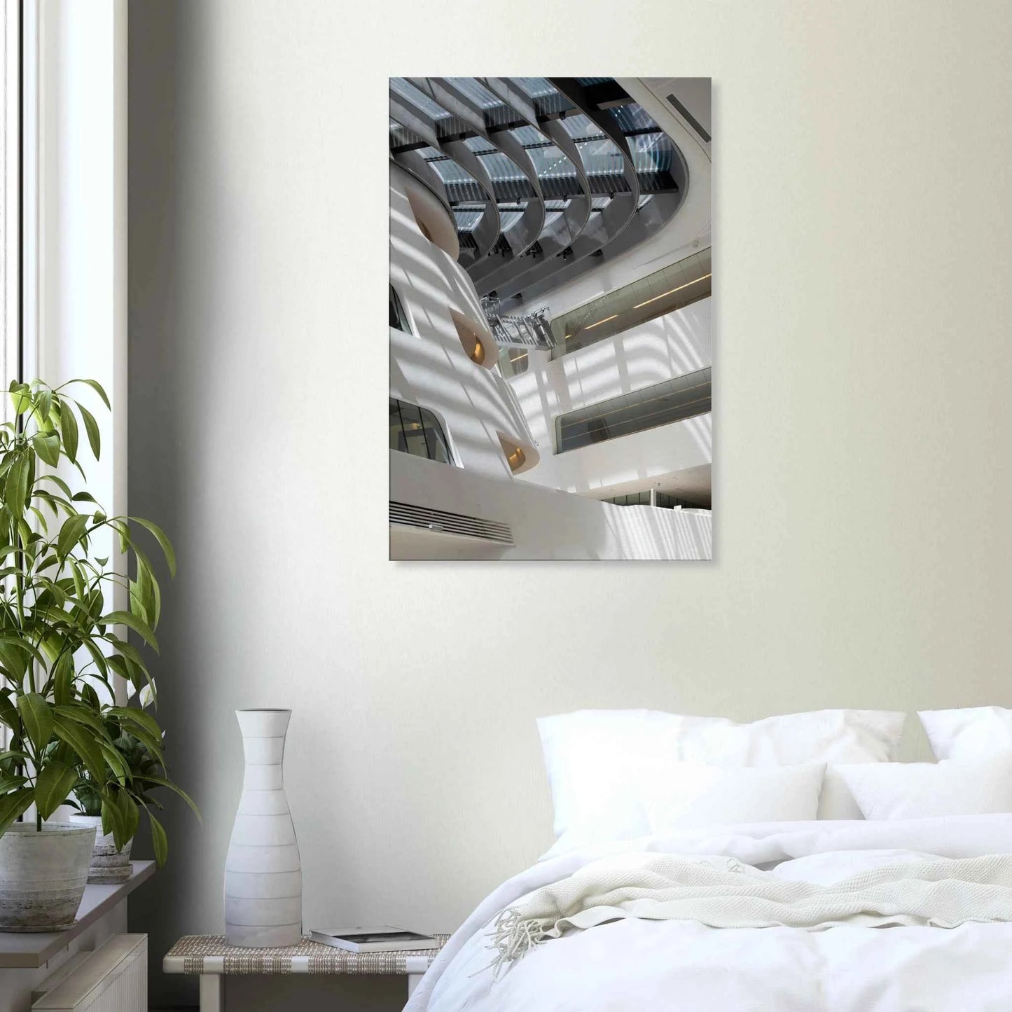 Interior view of the Library of WU (Vienna University of Economics and Business) on Canvas print wall art featuring modern architecture with multiple floors and open study spaces on the wall in the Bedroom
