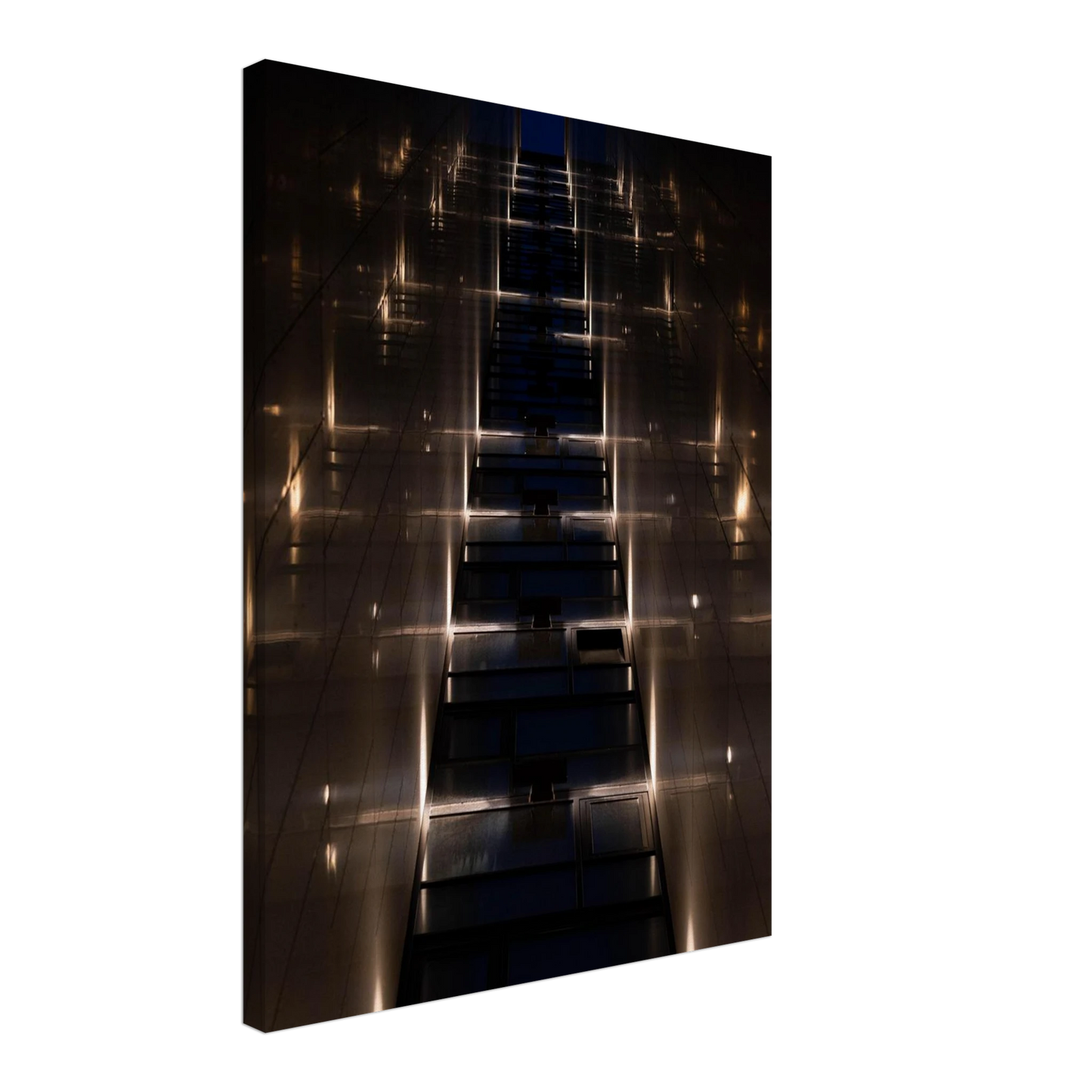 Low angle view looking up a narrow corridor-like passage between two skyscraper walls lined with rows of windows stretching toward the sky on Canvas print wall art