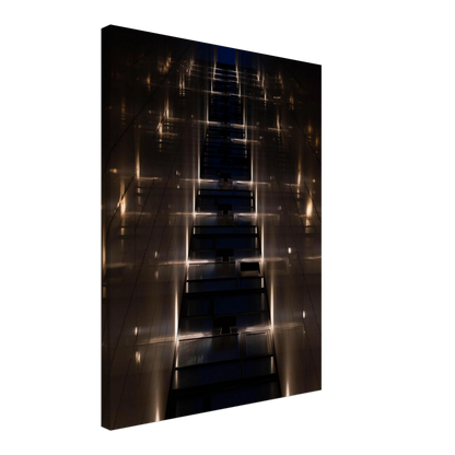 Low angle view looking up a narrow corridor-like passage between two skyscraper walls lined with rows of windows stretching toward the sky on Canvas print wall art
