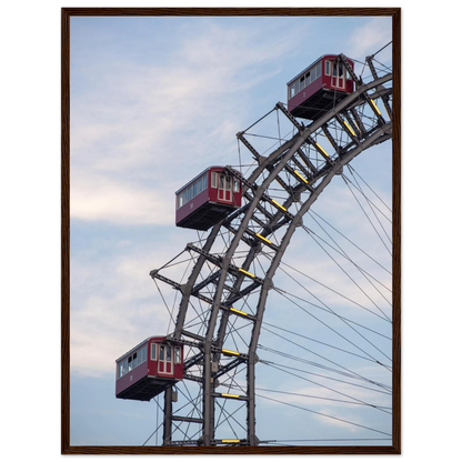 Close up of the historic Vienna Prater Giant Ferris Wheel (Wiener Riesenrad) showing its iconic steel structure and vintage mechanical details on wooden framed wall art