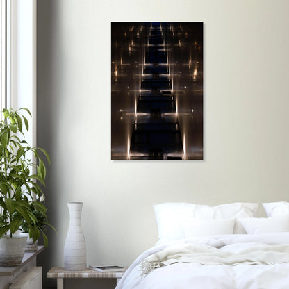 Low angle view looking up a narrow corridor-like passage between two skyscraper walls lined with rows of windows stretching toward the sky on Canvas print wall art on the wall in the Bedroom