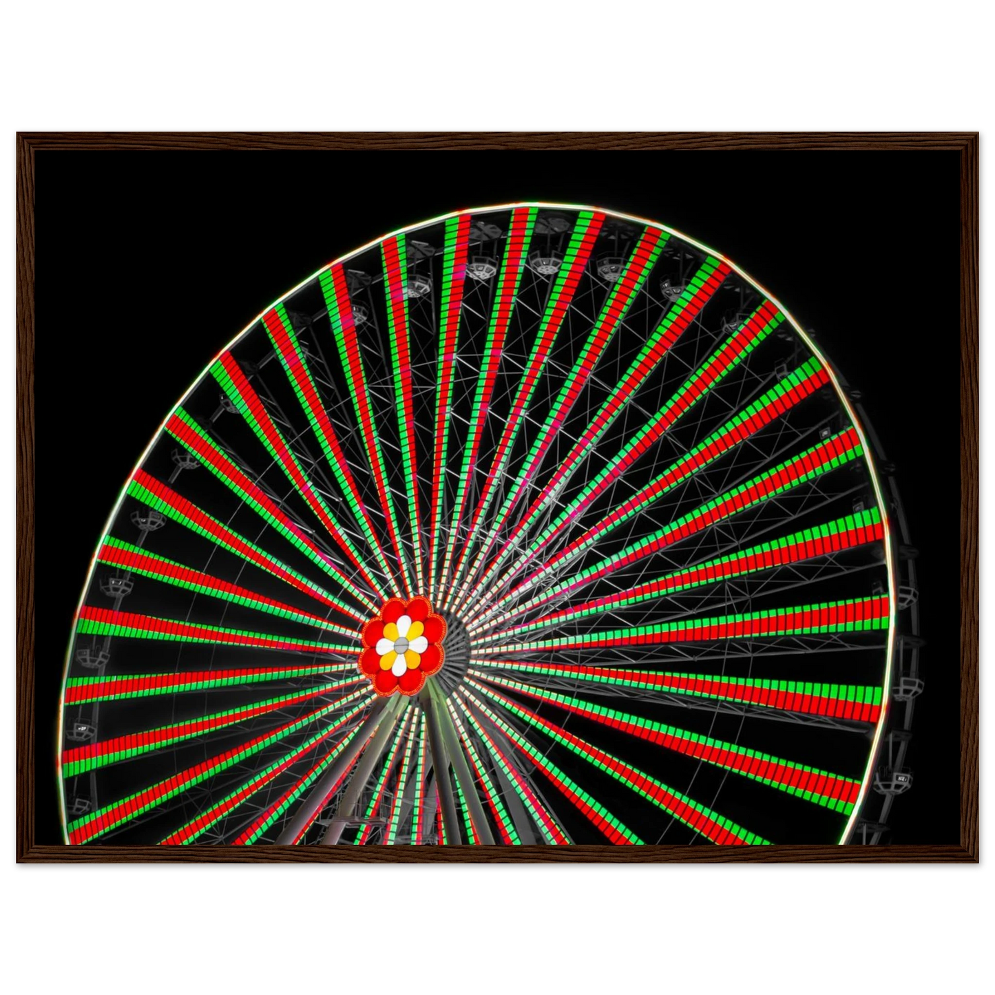 Night photo of the Vienna Prater Giant Ferris Wheel (Wiener Riesenrad) illuminated with warm golden lights against a dark sky on wooden framed wall art