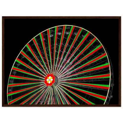 Night photo of the Vienna Prater Giant Ferris Wheel (Wiener Riesenrad) illuminated with warm golden lights against a dark sky on wooden framed wall art
