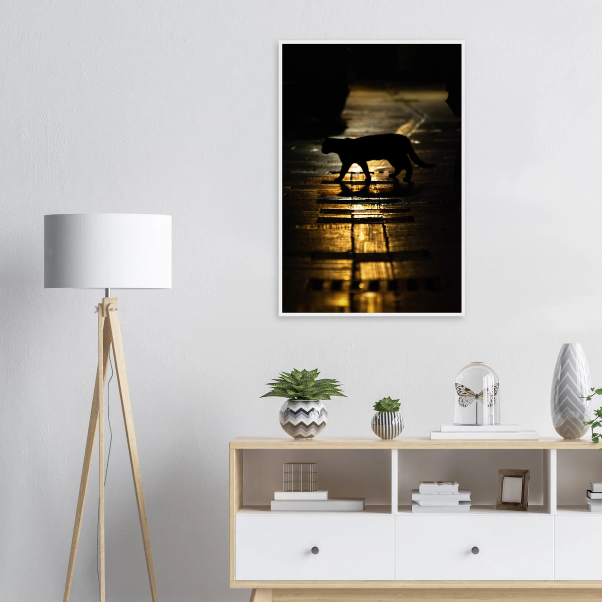 The Mysterious Cat – cat on a night street photography photo print in a wooden frame