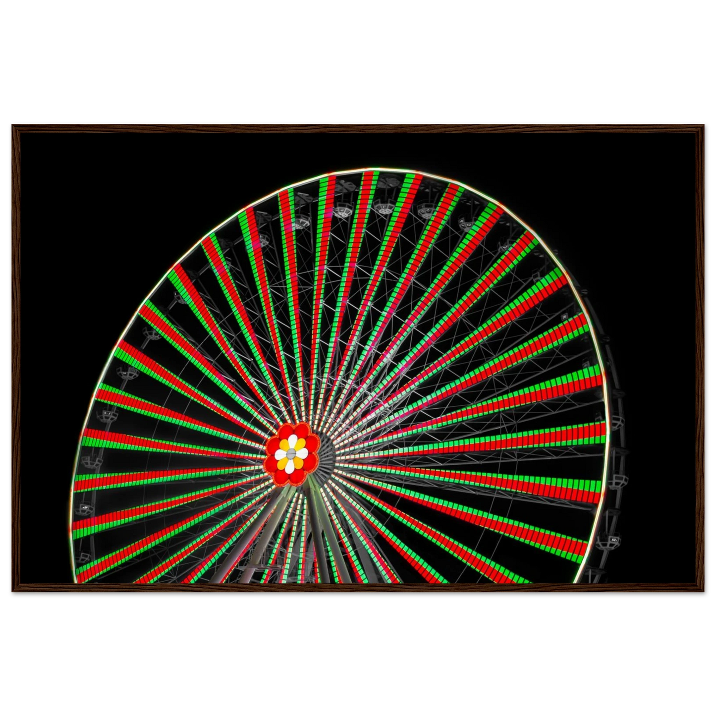Night photo of the Vienna Prater Giant Ferris Wheel (Wiener Riesenrad) illuminated with warm golden lights against a dark sky on wooden framed wall art