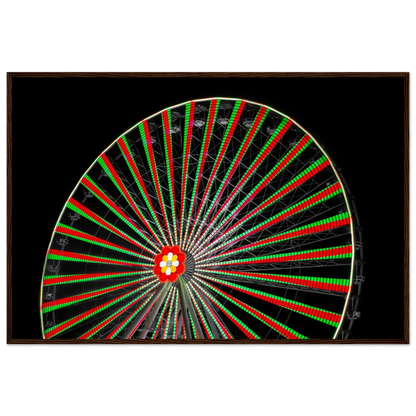 Night photo of the Vienna Prater Giant Ferris Wheel (Wiener Riesenrad) illuminated with warm golden lights against a dark sky on wooden framed wall art