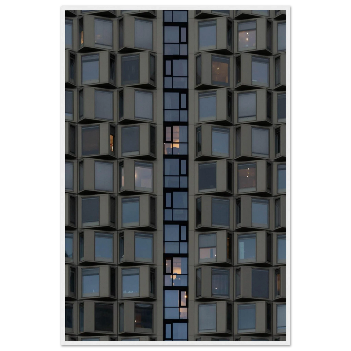 Close up view of a modern building facade with a grid of reflective glass windows on wooden frame wall art