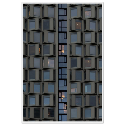 Close up view of a modern building facade with a grid of reflective glass windows on wooden frame wall art