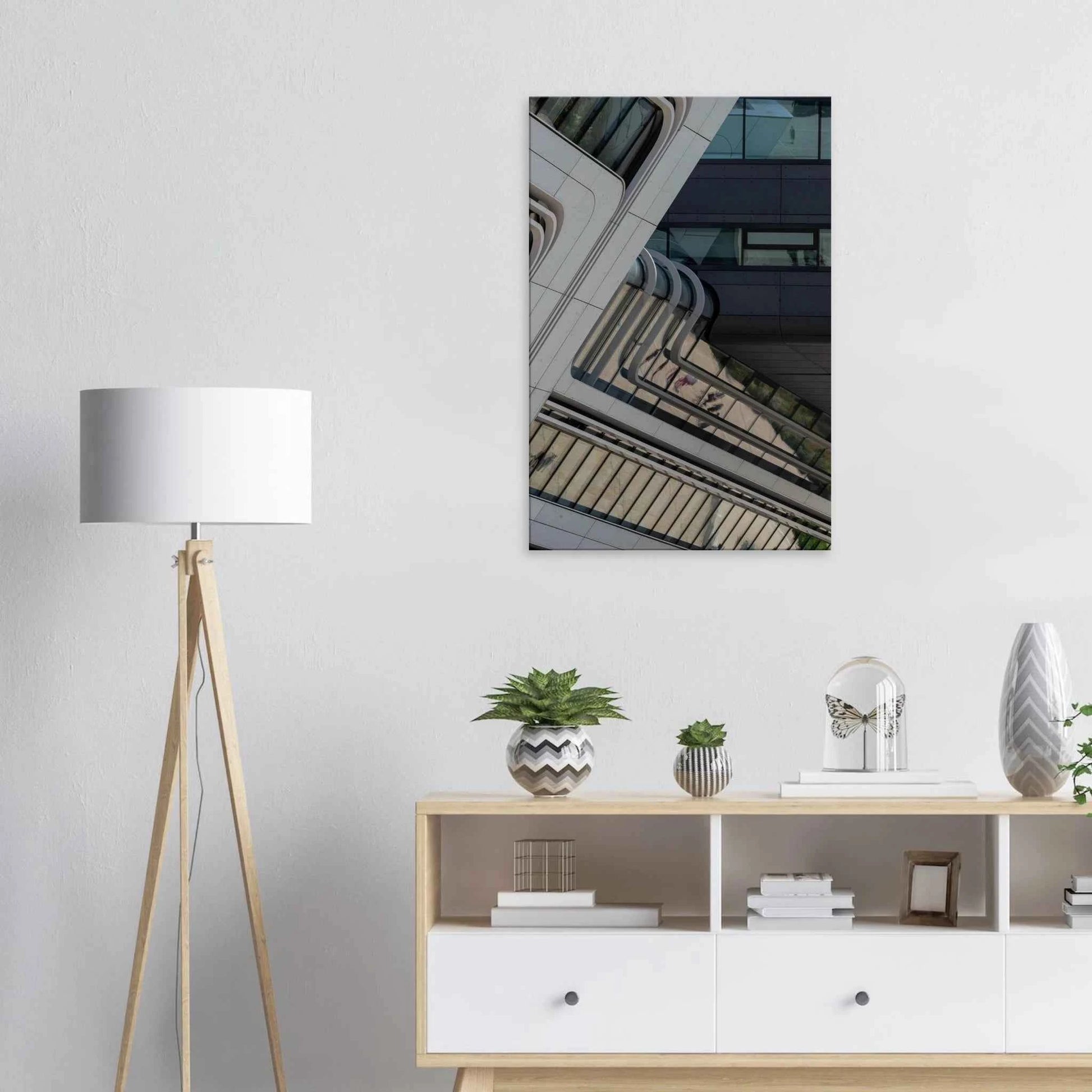 Exterior view of the Library of WU (Vienna University of Economics and Business) with modern angular glass and steel architecture on Canvas print wall art on the wall in the Livingroom