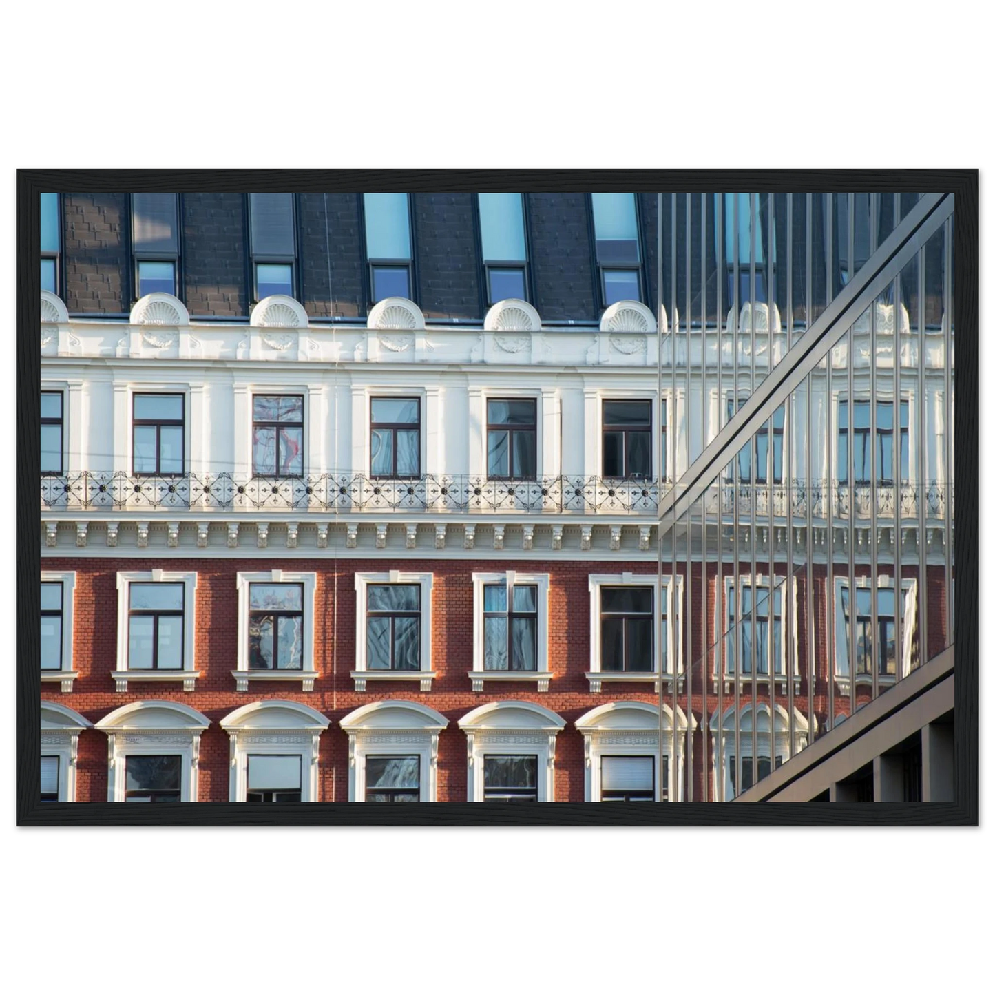 Wooden framed wall art Historic European-style Modern Houseblock building facade with multiple windows and elegant architectural details