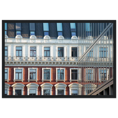 Wooden framed wall art Historic European-style Modern Houseblock building facade with multiple windows and elegant architectural details