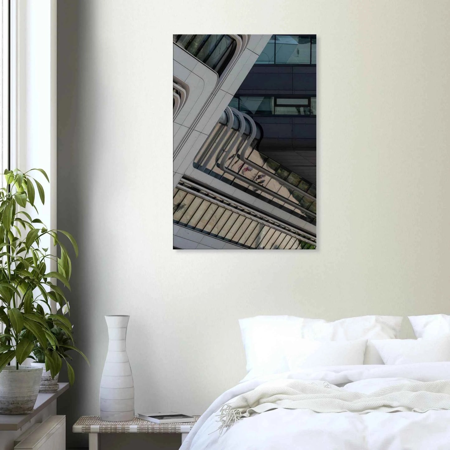 Exterior view of the Library of WU (Vienna University of Economics and Business) with modern angular glass and steel architecture on Canvas print wall art on the wall in the Bedroom