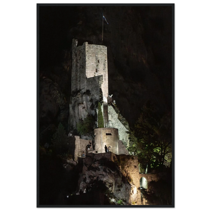 Wooden framed wall art of an ancient stone bastion decorated with green climbing plants against a dark background in Shadow Keep