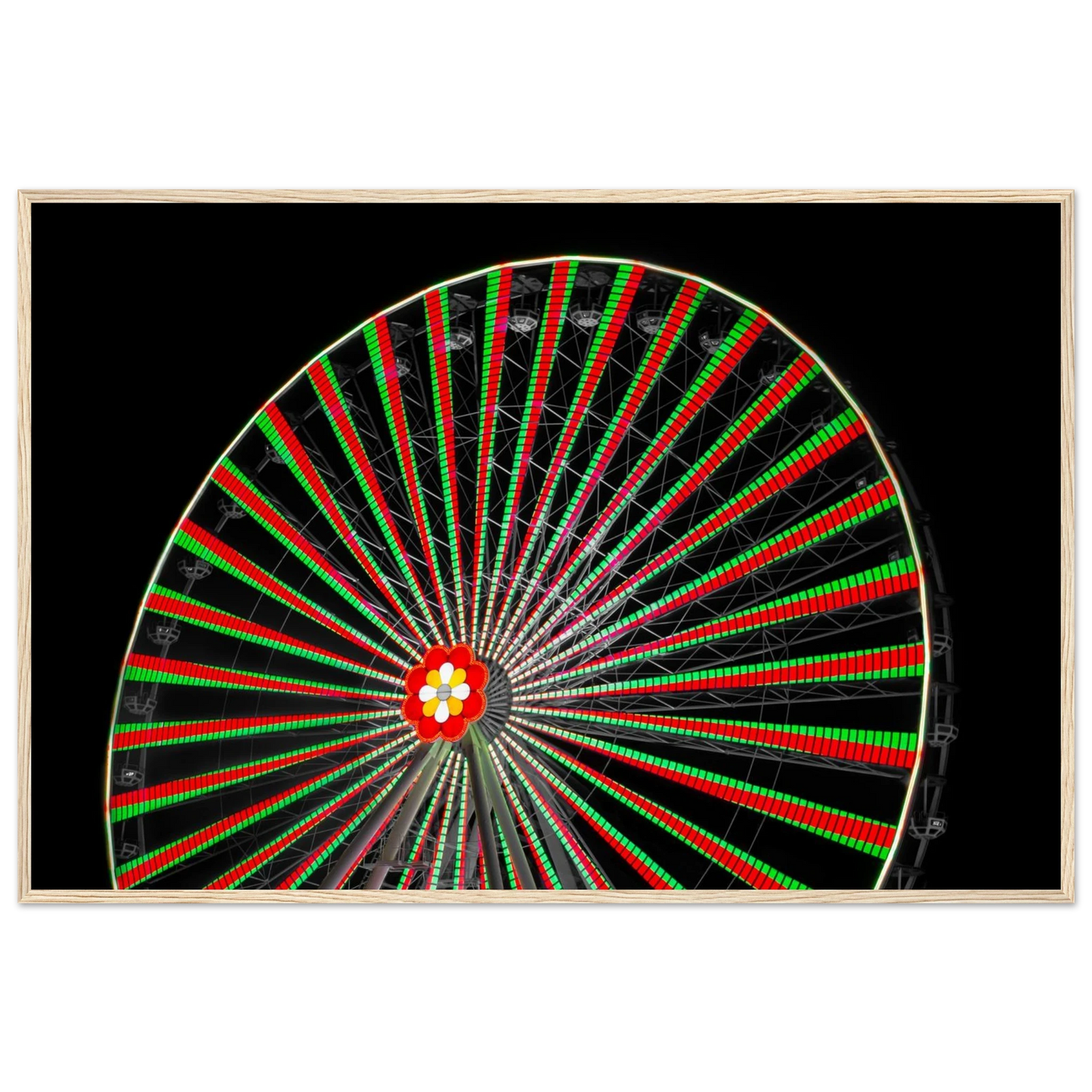Night photo of the Vienna Prater Giant Ferris Wheel (Wiener Riesenrad) illuminated with warm golden lights against a dark sky on wooden framed wall art