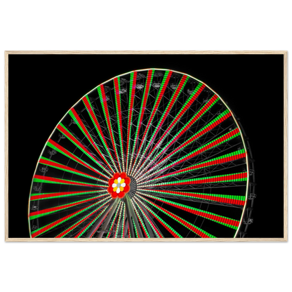 Night photo of the Vienna Prater Giant Ferris Wheel (Wiener Riesenrad) illuminated with warm golden lights against a dark sky on wooden framed wall art