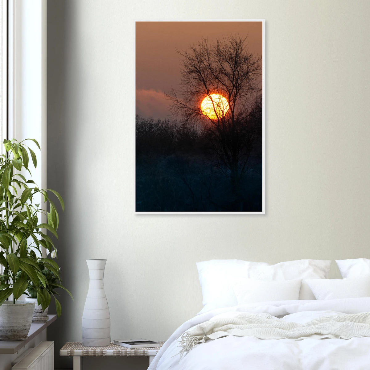 Yellow Crown – sunset behind trees nature photography photo print in a wooden frame
