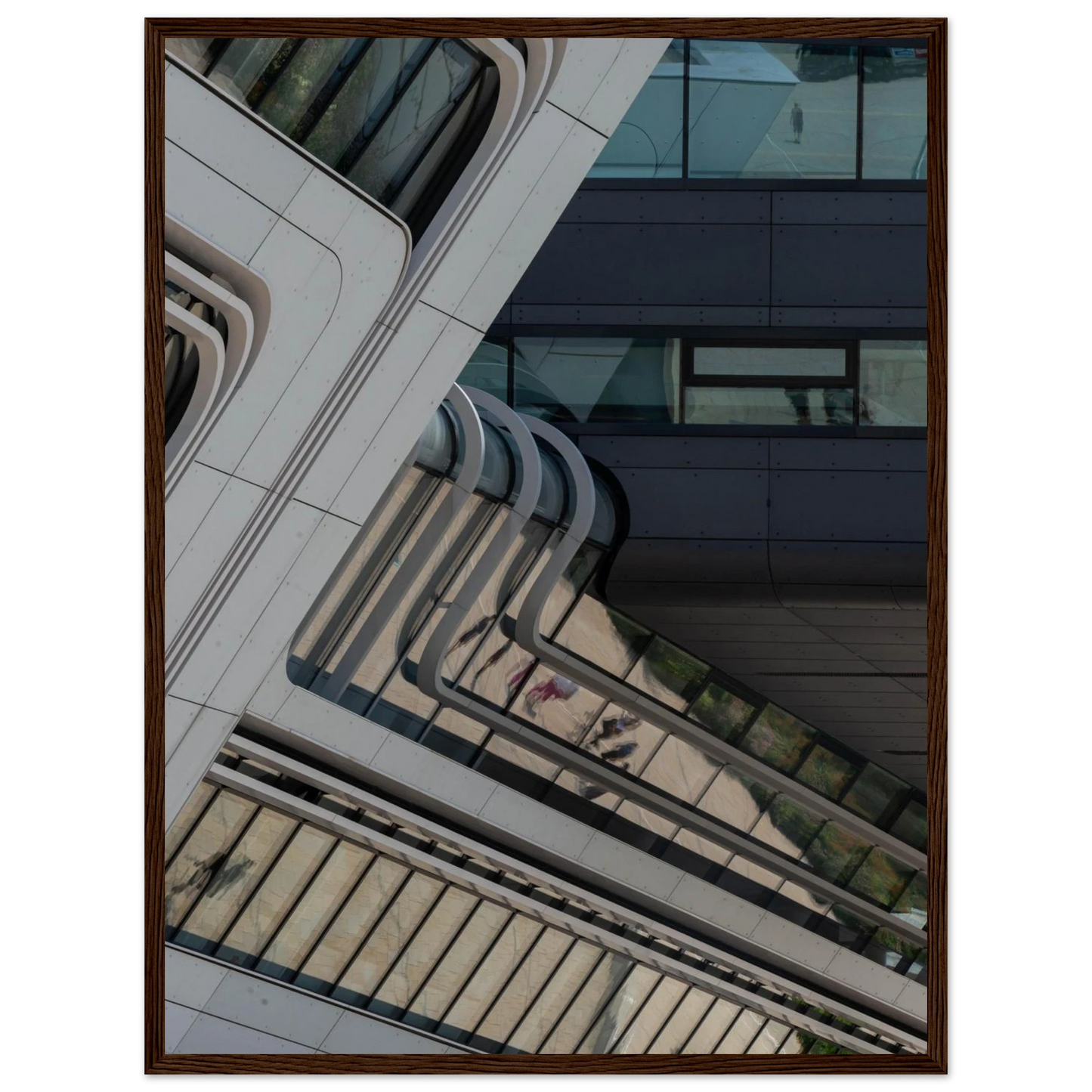 Exterior view of the Library of WU (Vienna University of Economics and Business) with modern angular glass and steel architecture on wooden framed wall art