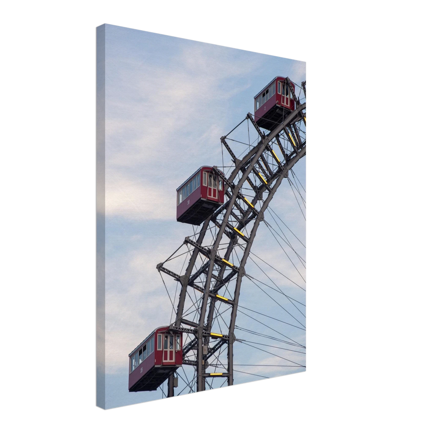 Close up of the historic Vienna Prater Giant Ferris Wheel (Wiener Riesenrad) showing its iconic steel structure and vintage mechanical details on Canvas print wall art