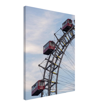 Close up of the historic Vienna Prater Giant Ferris Wheel (Wiener Riesenrad) showing its iconic steel structure and vintage mechanical details on Canvas print wall art