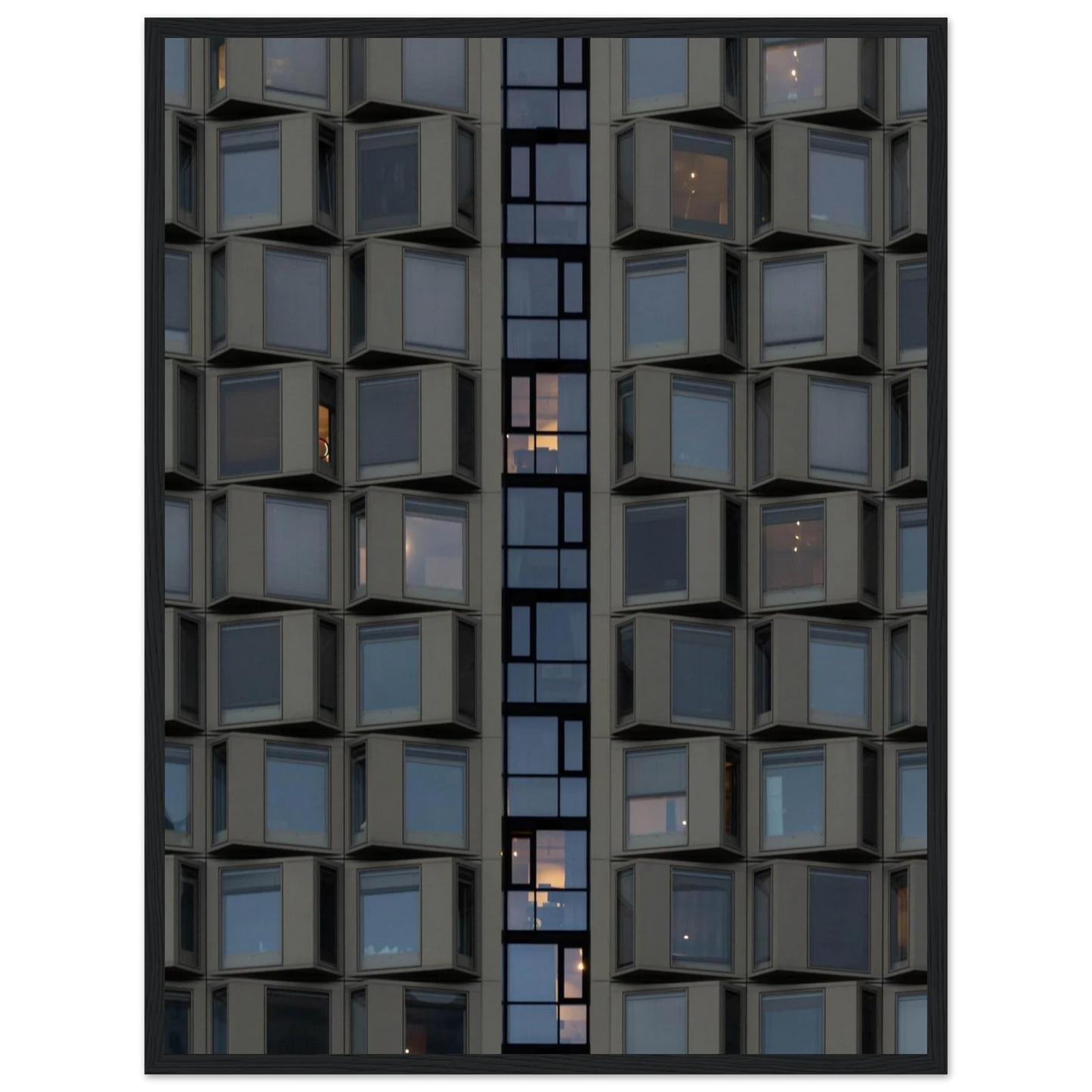 Close up view of a modern building facade with a grid of reflective glass windows on wooden frame wall art