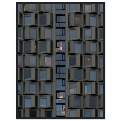 Close up view of a modern building facade with a grid of reflective glass windows on wooden frame wall art