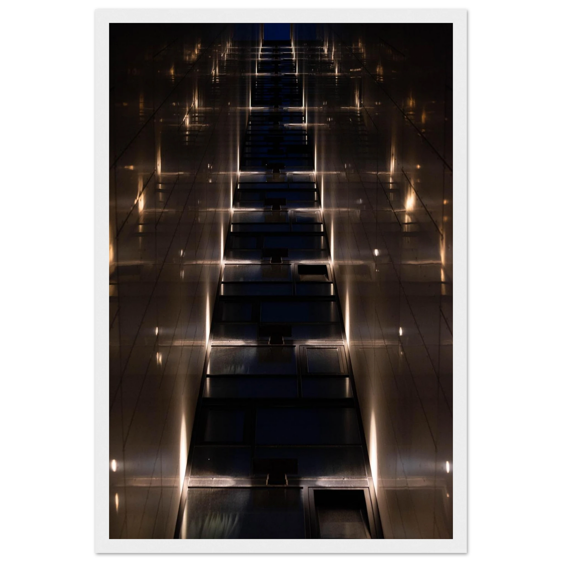 Low angle view looking up a narrow corridor-like passage between two skyscraper walls lined with rows of windows stretching toward the sky on wooden framed wall art