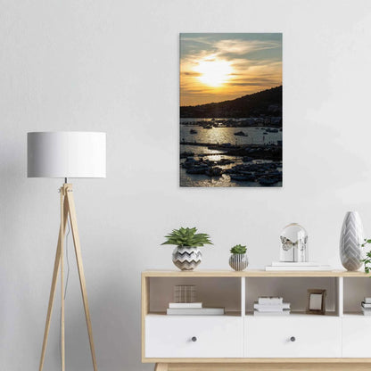 Canvas Print wall art of small boats anchored in a seaside port during Sunset at the harbor on the wall in the Bedroom