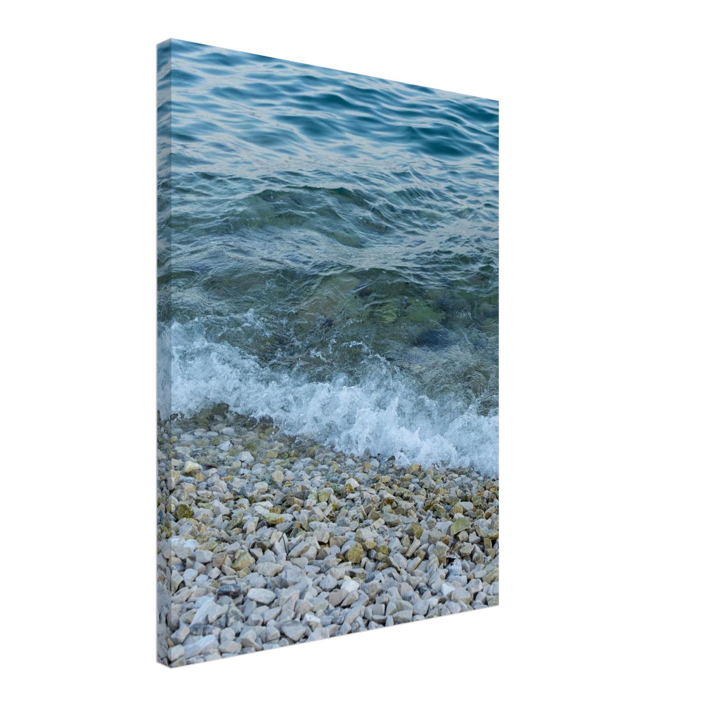 Aerial view ocean beach with wood frame canvas print, top down drone shot of blue sea foam and pebbles