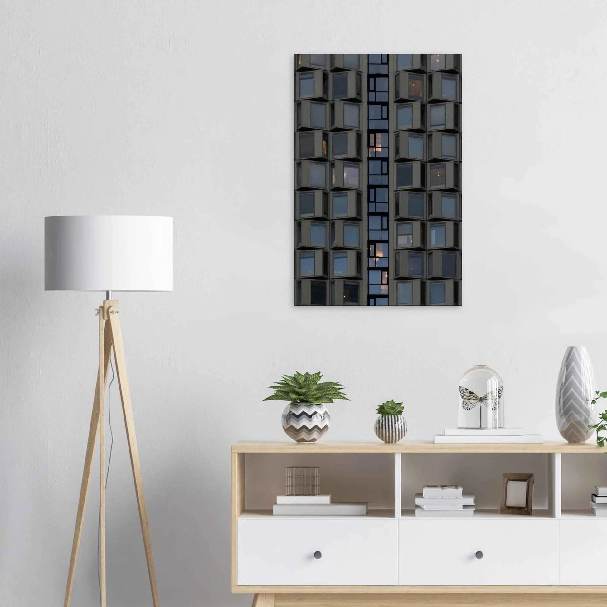 Close up view of a modern building facade with a grid of reflective glass windows on Canvas print wall art on the wall in the Livingroom