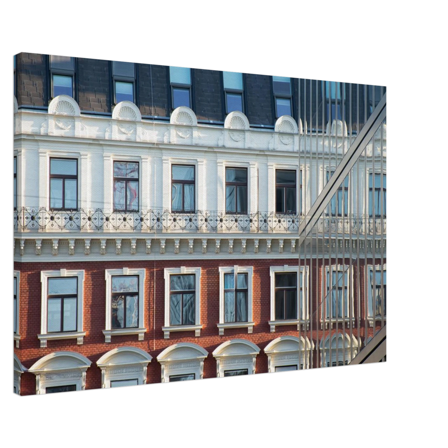 Canvas print wall art Historic European-style Modern Houseblock building facade with multiple windows and elegant architectural details