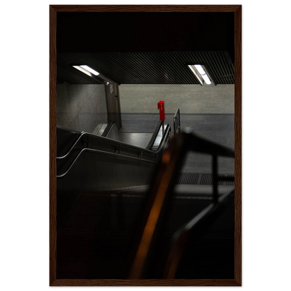 Nighttime view of a metro station entrance with illuminated signs and dark urban surroundings on wooden framed wall art