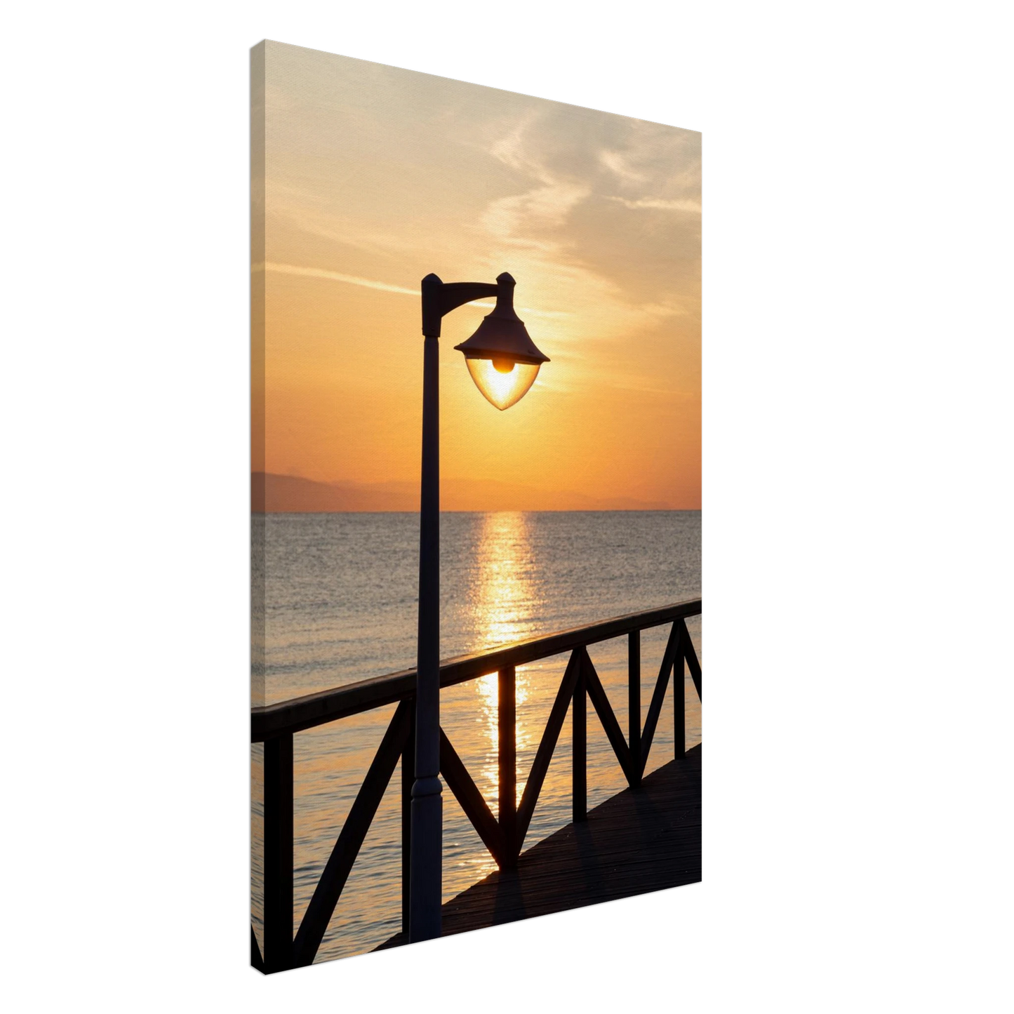 Canvas print wall art of a sunset over the sea with a street lamp on the pier