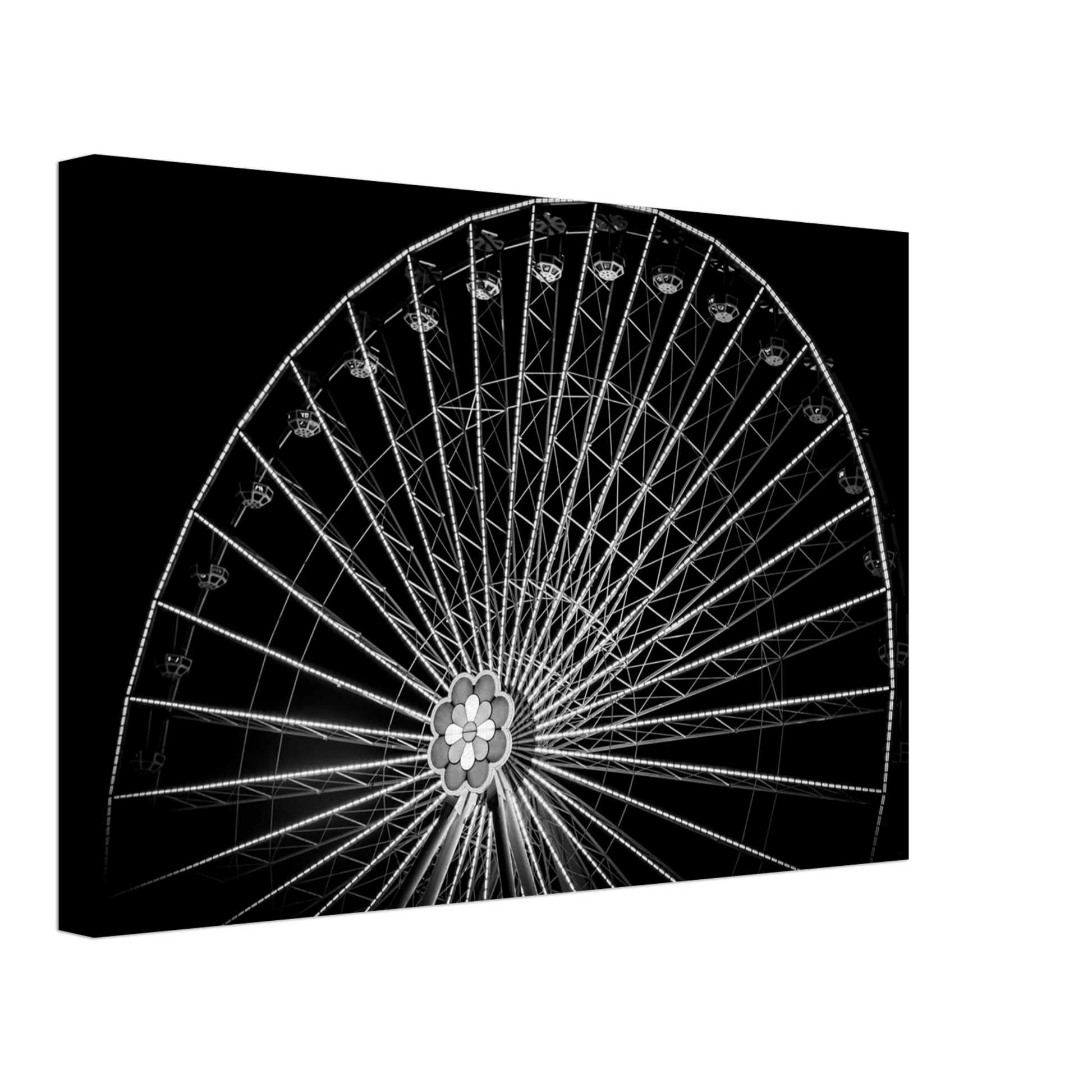 Black and white night photo of the Vienna Prater Giant Ferris Wheel (Wiener Riesenrad) with illuminated spokes forming a circular pattern against the dark sky on Canvas Print wall art
