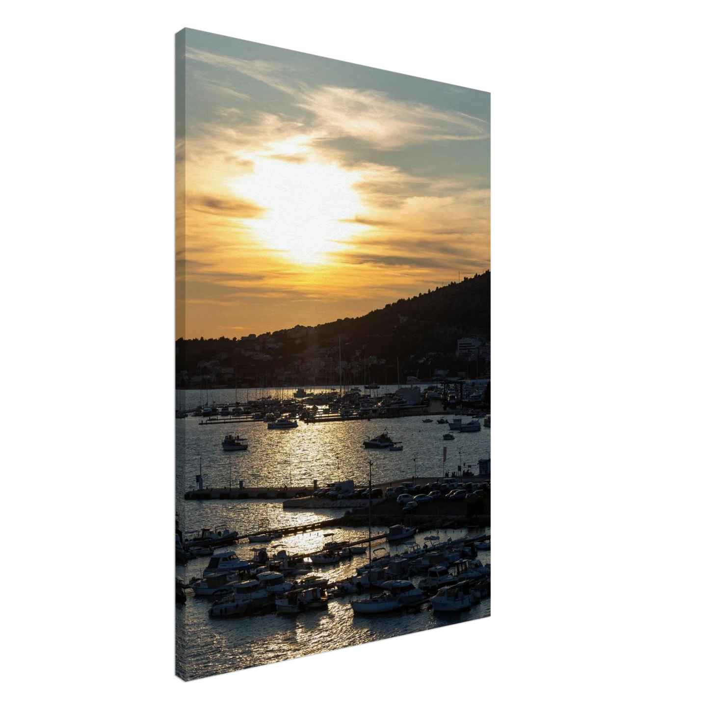 Canvas Print wall art of small boats anchored in a seaside port during Sunset at the harbor