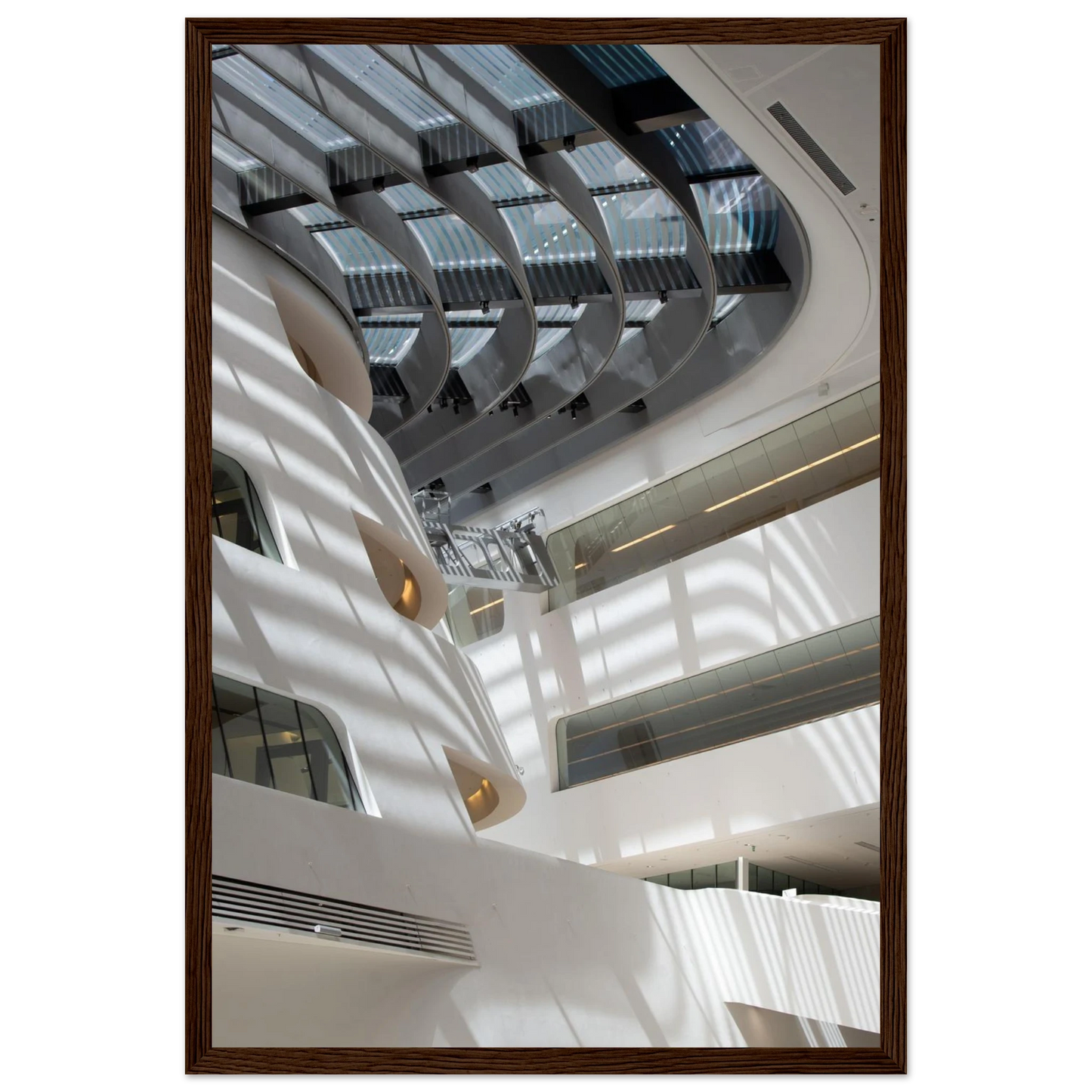 Interior view of the Library of WU (Vienna University of Economics and Business) on wooden frame wall art featuring modern architecture with multiple floors and open study spaces