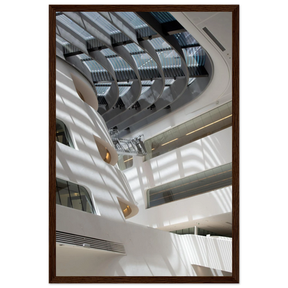 Interior view of the Library of WU (Vienna University of Economics and Business) on wooden frame wall art featuring modern architecture with multiple floors and open study spaces