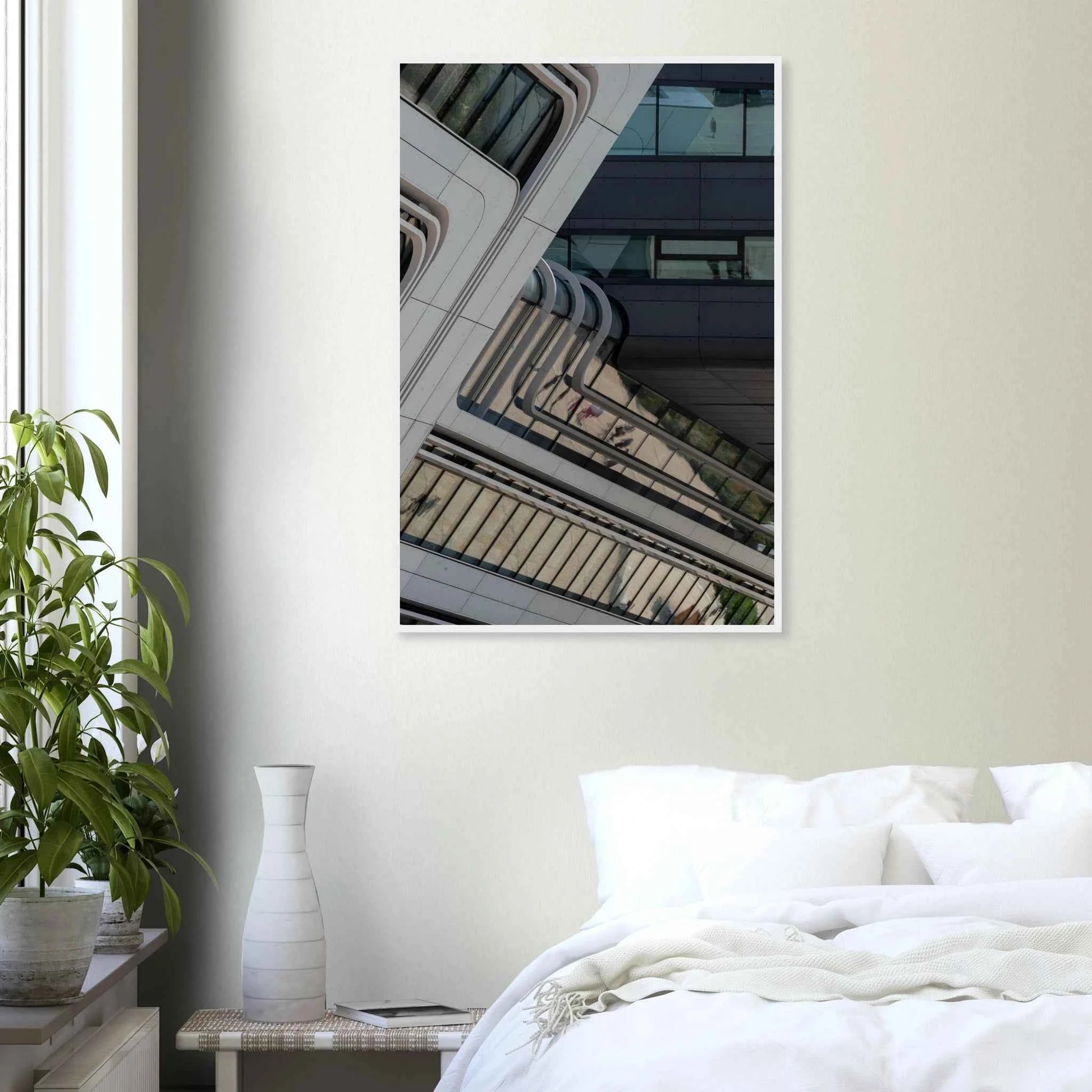 Exterior view of the Library of WU (Vienna University of Economics and Business) with modern angular glass and steel architecture on wooden framed wall art on the wall in the Bedroom