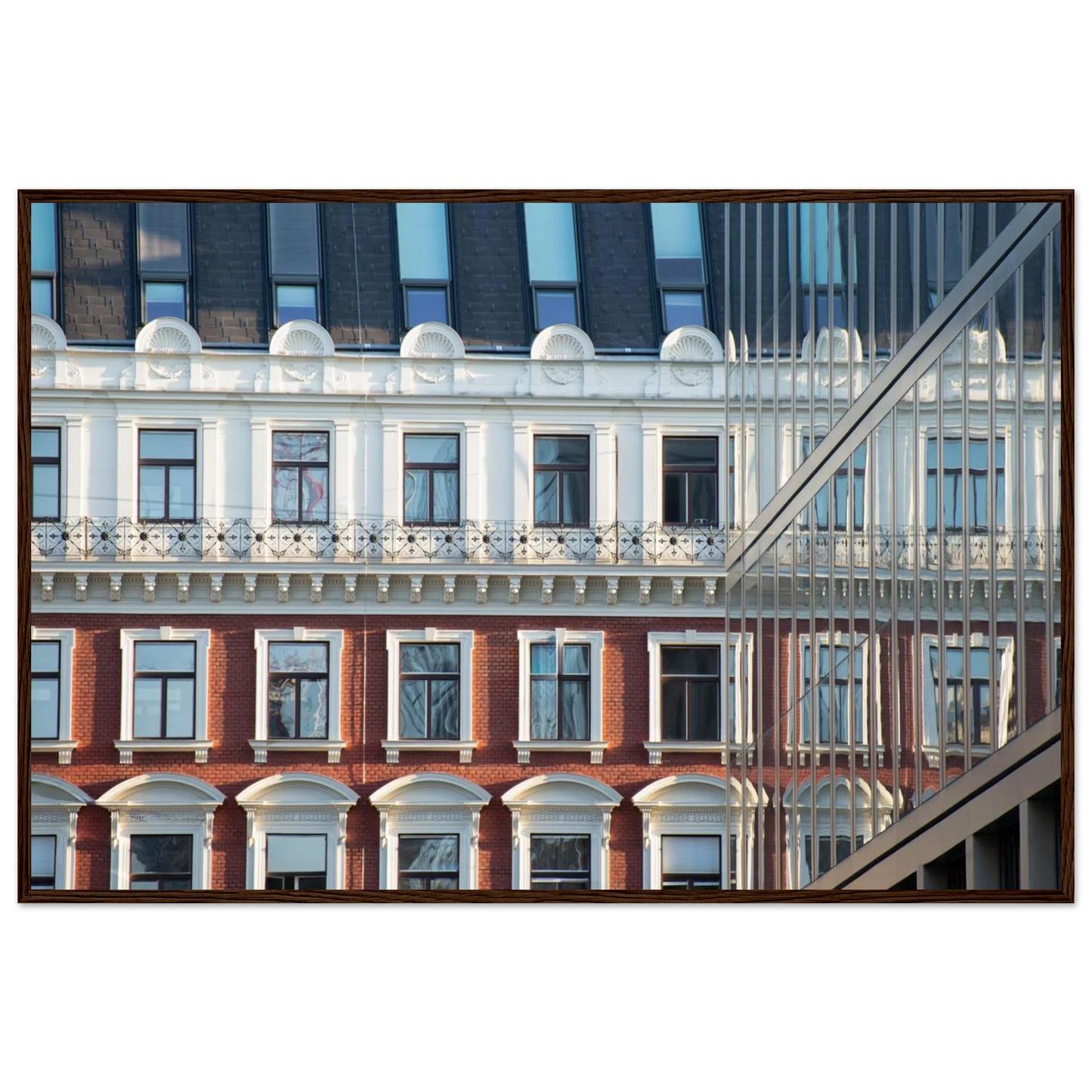 Wooden framed wall art Historic European-style Modern Houseblock building facade with multiple windows and elegant architectural details