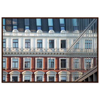 Wooden framed wall art Historic European-style Modern Houseblock building facade with multiple windows and elegant architectural details