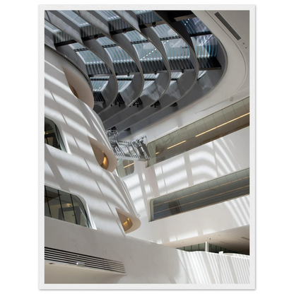 Interior view of the Library of WU (Vienna University of Economics and Business) on wooden frame wall art featuring modern architecture with multiple floors and open study spaces