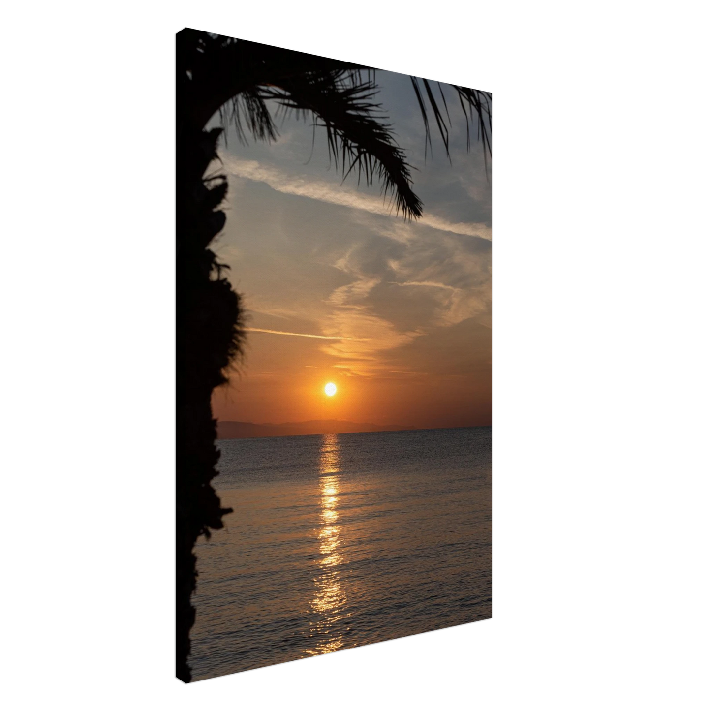 Canvas print wall art, Sunset over calm water with golden reflections, framed by tree branches in a peaceful natural landscape