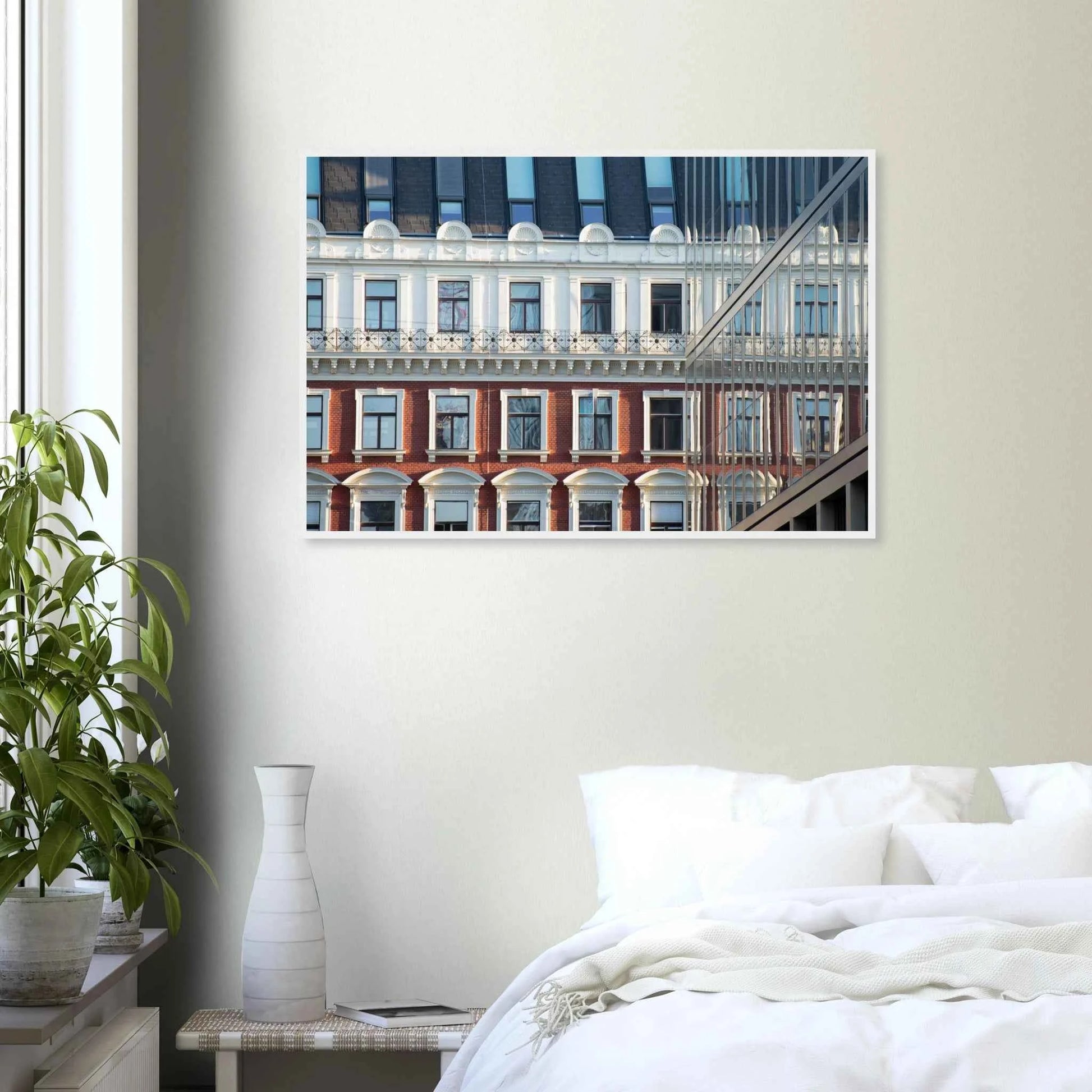 Wooden framed wall art Historic European-style Modern Houseblock building facade with multiple windows and elegant architectural details on the wall in the Bedroom