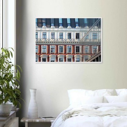 Wooden framed wall art Historic European-style Modern Houseblock building facade with multiple windows and elegant architectural details on the wall in the Bedroom