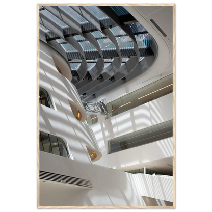 Interior view of the Library of WU (Vienna University of Economics and Business) on wooden frame wall art featuring modern architecture with multiple floors and open study spaces
