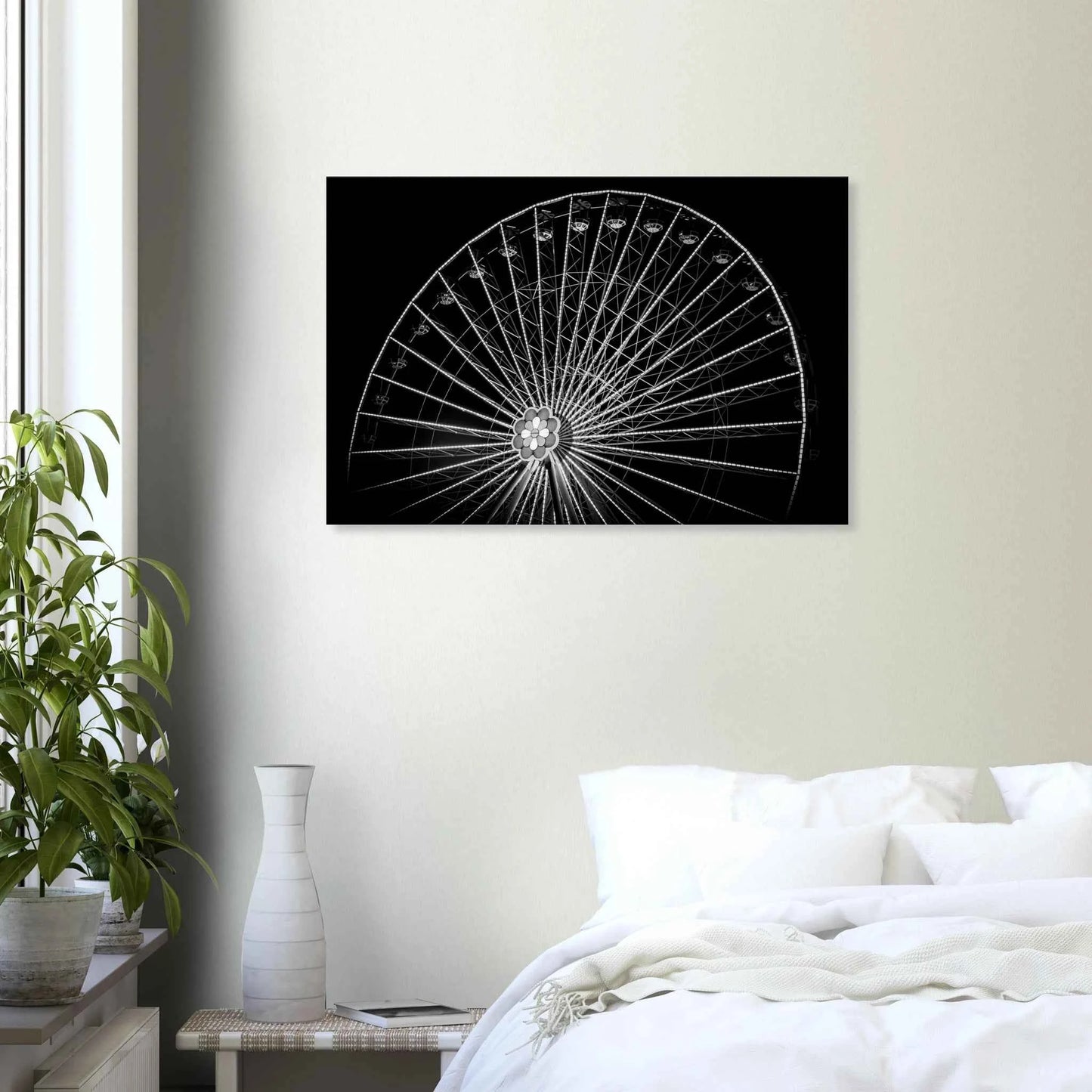 Black and white night photo of the Vienna Prater Giant Ferris Wheel (Wiener Riesenrad) with illuminated spokes forming a circular pattern against the dark sky on Canvas Print wall art on the wall in the Bedroom
