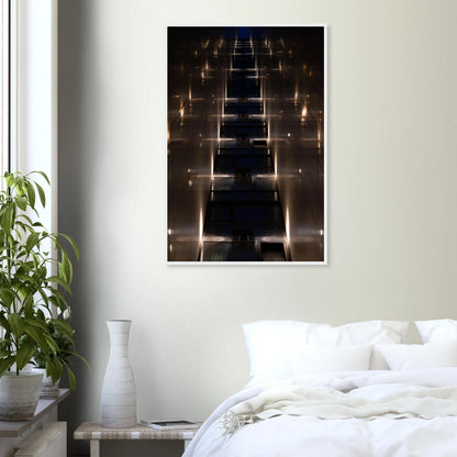 Low angle view looking up a narrow corridor-like passage between two skyscraper walls lined with rows of windows stretching toward the sky on wooden framed wall art on the wall in the Bedroom