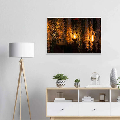 Nature wooden framed wall art with featuring fairy lights and spring flowers on the wall in the Livingroom