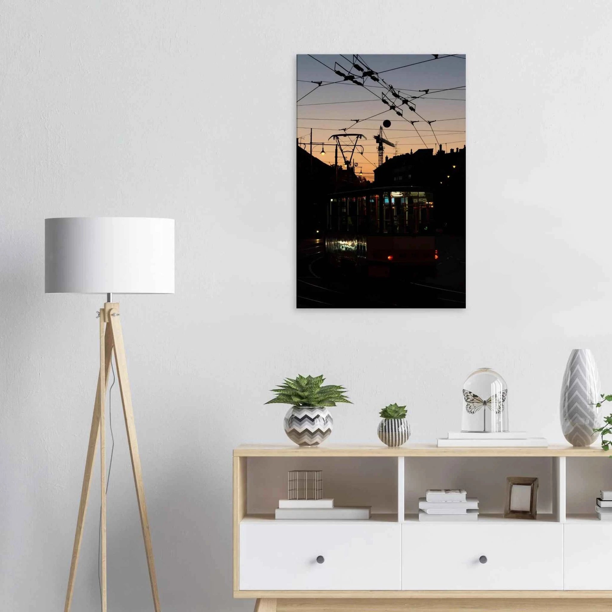 Canvas Print wall art featuring a tram the Nightline driving between houses under power lines during a golden sunset on the wall in the Livingroom